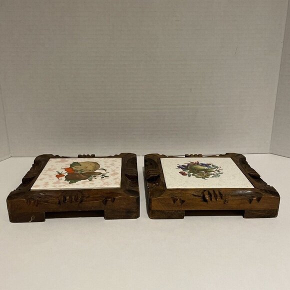 Vintage Dal-Tile Mexico Trivets Set of 2 Hand Carved Wood Frames Kitchen Fruit - Picture 6 of 10
